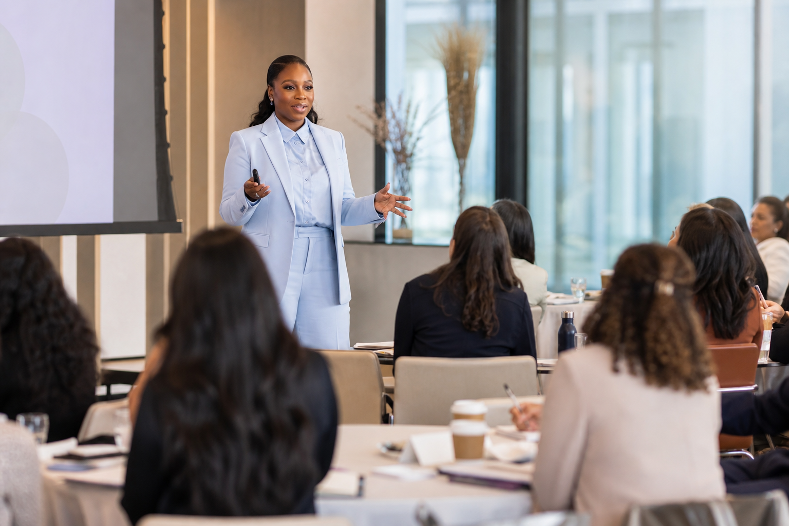 GROUP FACILITATION SHOT — Mary leading a room of professional women, candid and engaged